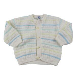 VINTAGE 70s 80s Baby Boy Pastel & White Stripe Cardigan Sweater Acrylic